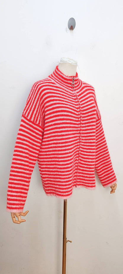 Jersey de rayas con cremallera rosa y chocolate
