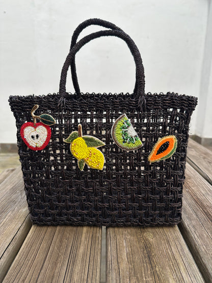 Bolso Capazo Cubo de Mano con Frutas de Predería M Natural Negro