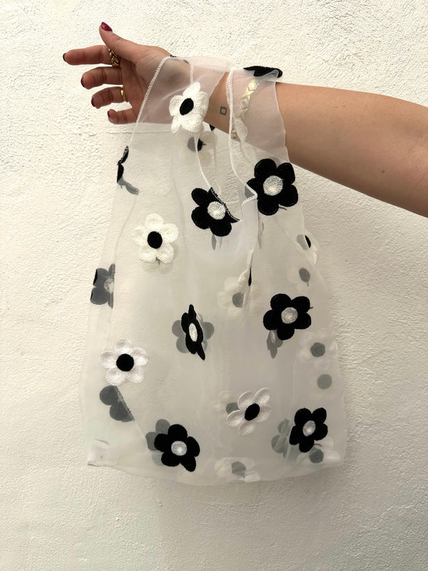 Bolsa Organza Transparente Flores Blancas y Negras