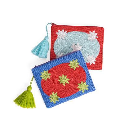 Cartera Monedero Clutch Cuentas Azul con Flor Roja