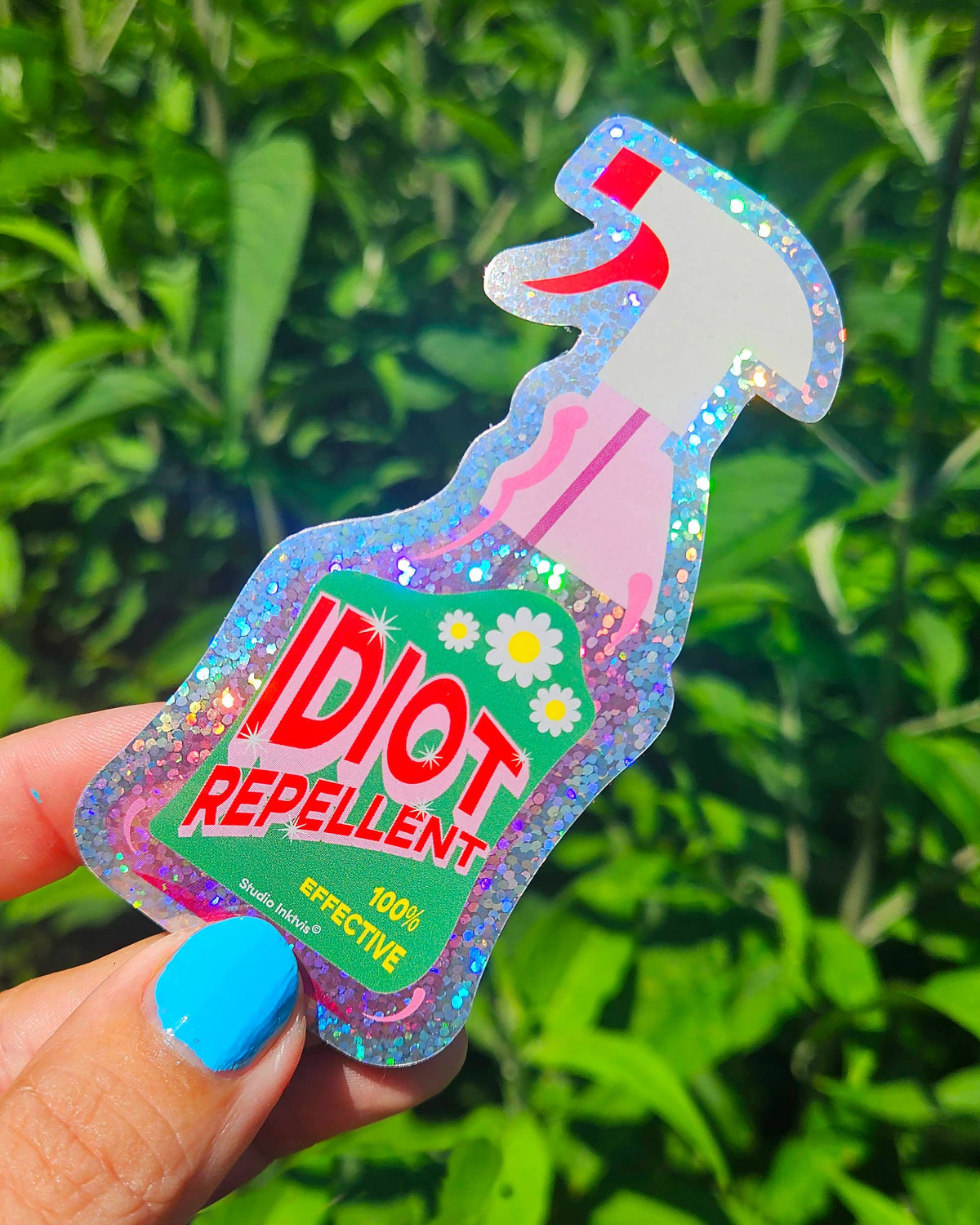 Pegatina brillante de spray repelente de idiotas