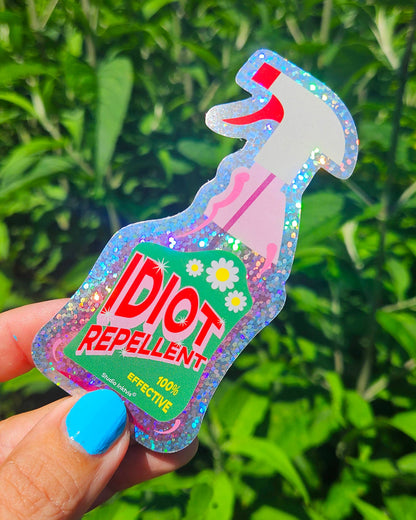 Pegatina brillante de spray repelente de idiotas