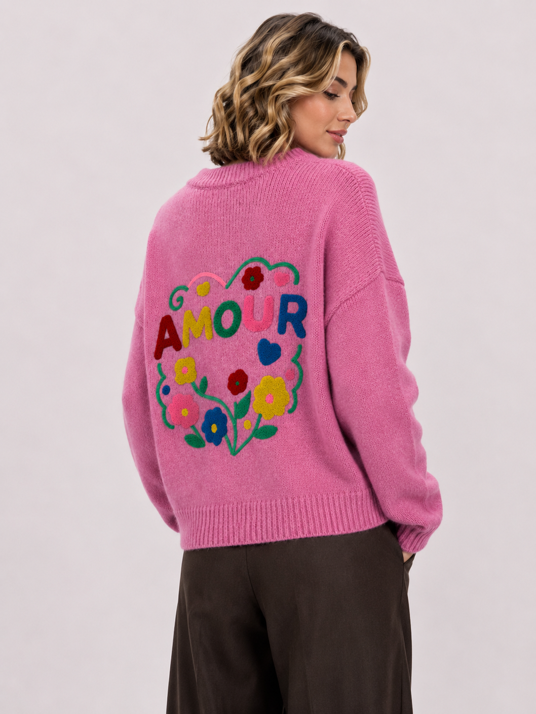 Jersey de punto AMOUR con bordado floral en la espalda azul