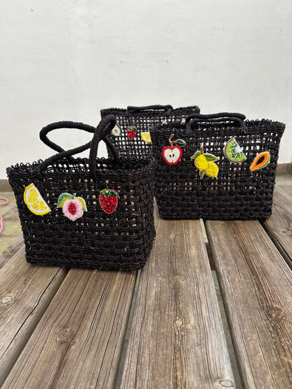 Bolso Capazo Cubo de Mano con Frutas de Predería M Natural Negro