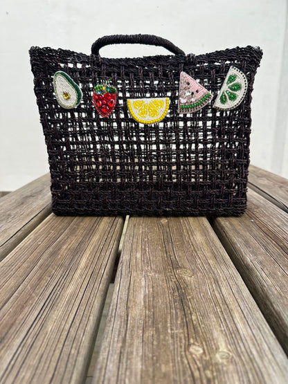 Bolso Capazo Cubo de Mano con Frutas de Predería L Natural Negro