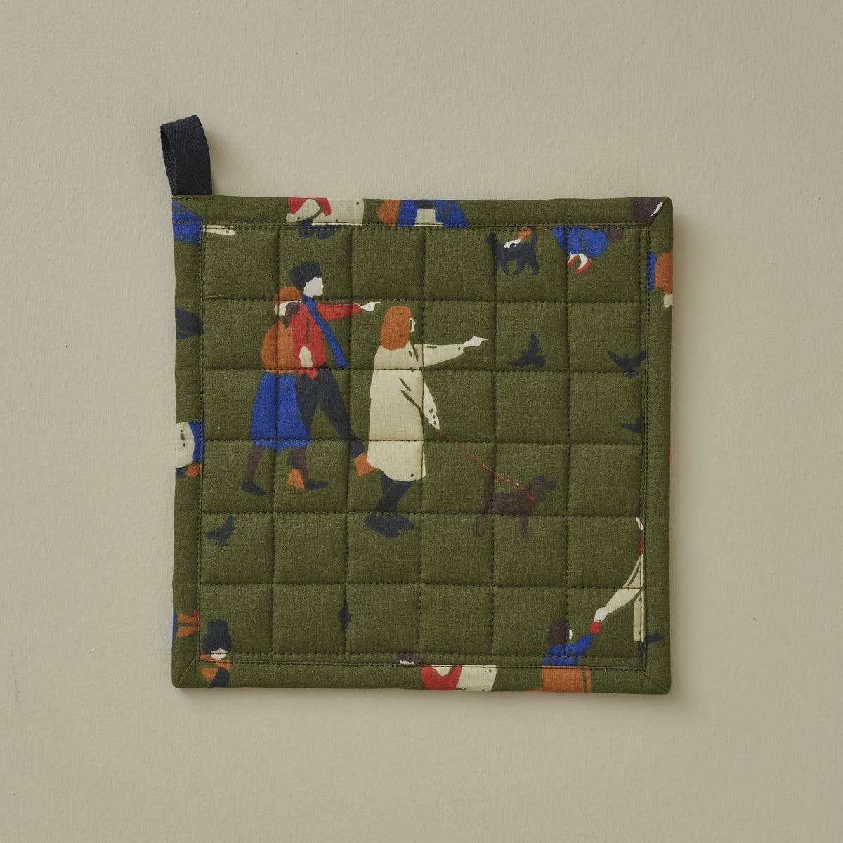 Agarraollas Cuadrado Guante Horno Fondo Verde Militar Ilustración Personas Personitas