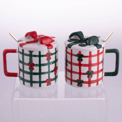 Taza Cuadros Verdes y Blancos Lazo Rojo