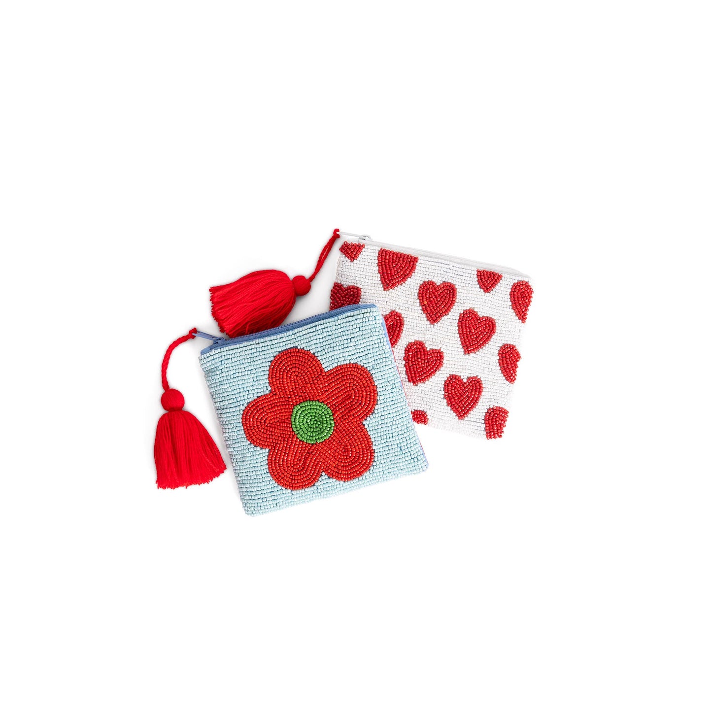 Cartera Monedero Clutch Cuentas Azul Flor Roja