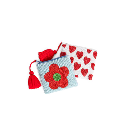 Cartera Monedero Clutch Cuentas Azul Flor Roja