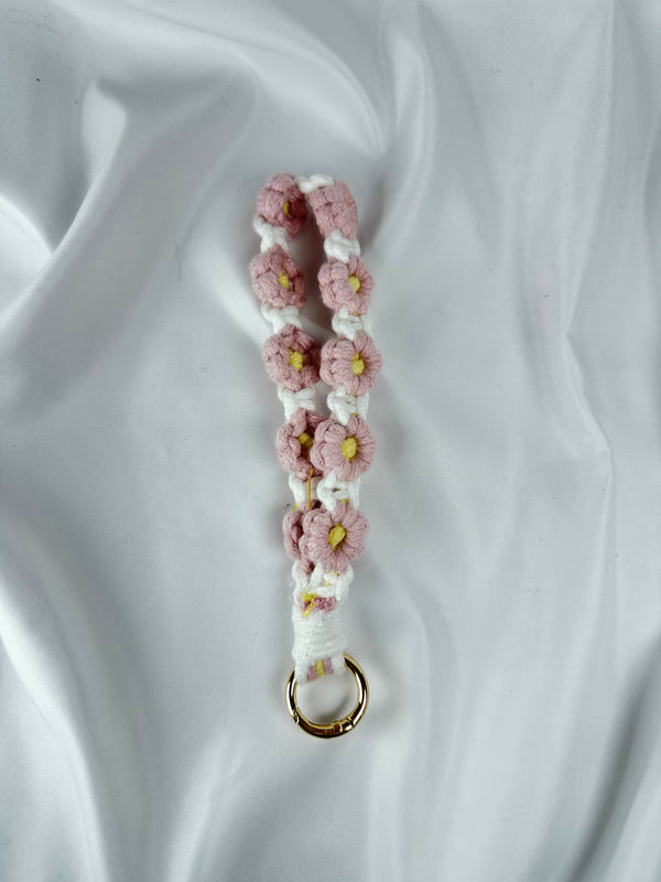 Llavero Flores Ganchillo Blanco Flores Rosas