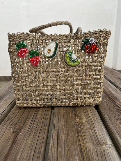 Bolso Capazo Cubo de Mano con Frutas de Predería M Natural Beige
