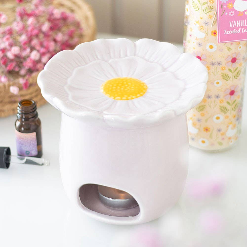Lámpara Aromática de Cerámica, Quemador Aceites Esenciales Cera Wax Melts Flor Margarita Rosa