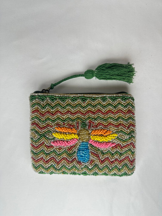 Monedero Cuentas Libélula Borla Verde Oscuro Parte Detrás Tejido Alfombra