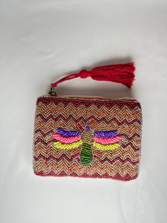 Monedero Cuentas Libélula Borla Roja Parte Detrás Tejido Alfombra