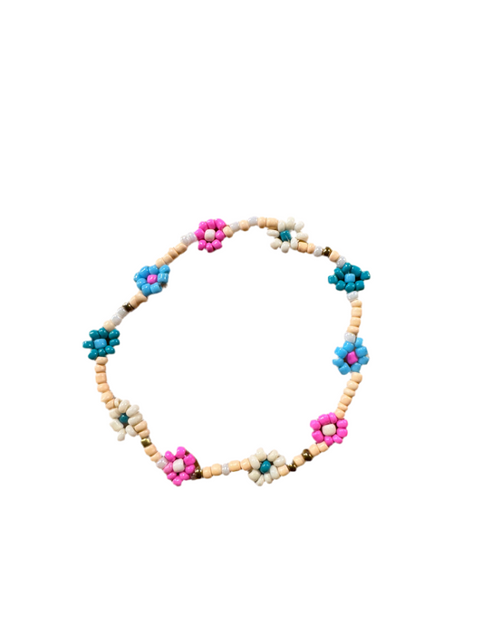 Pulsera Cuentas Bolitas Rosa Flores Margaritas Azul Rosa