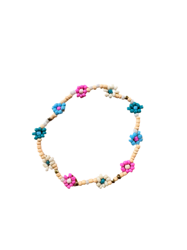 Pulsera Cuentas Bolitas Coral Flores Margaritas Azul Rosa