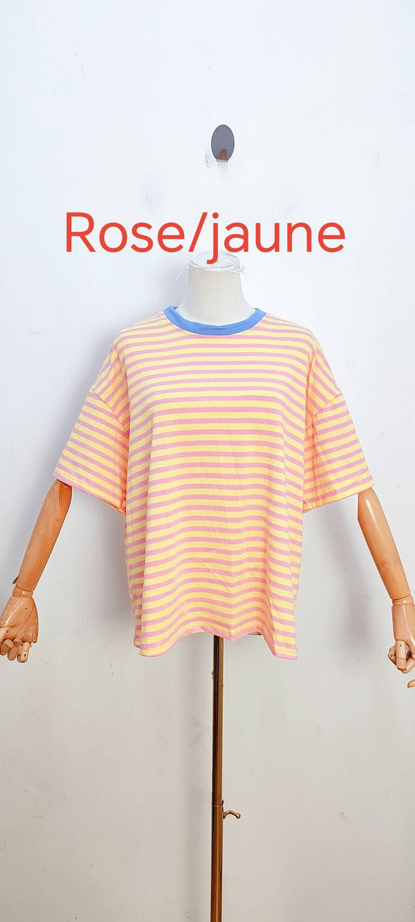Camiseta de rayas de manga corta rosa y amarillo