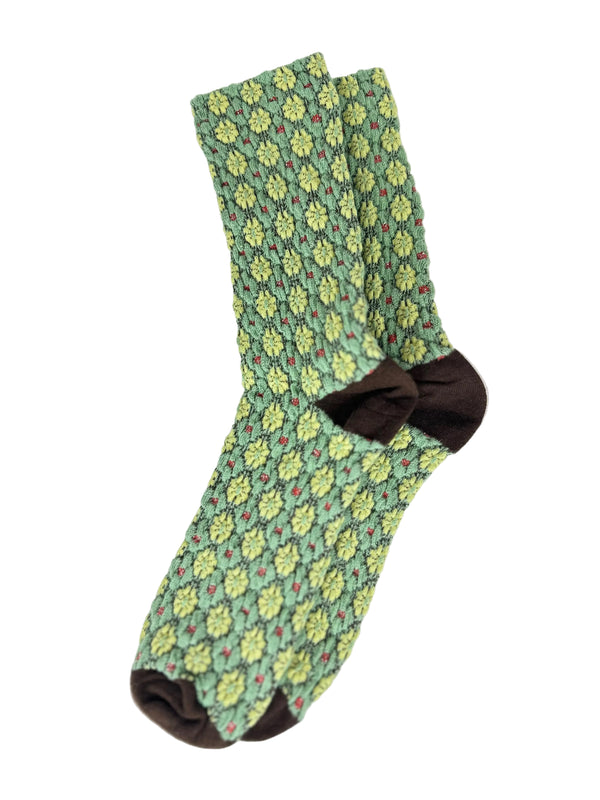 Calcetines Mujer Flores Fruncidas Verdes Punto Rojo Puntera Marrón