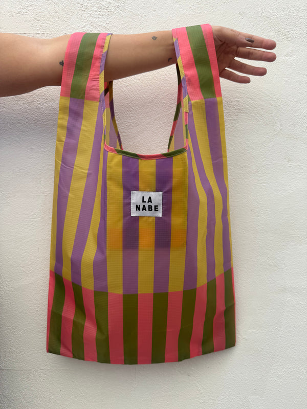 Bolsa Compra Plegable Rayas Multicolor Verde Oliva Morado