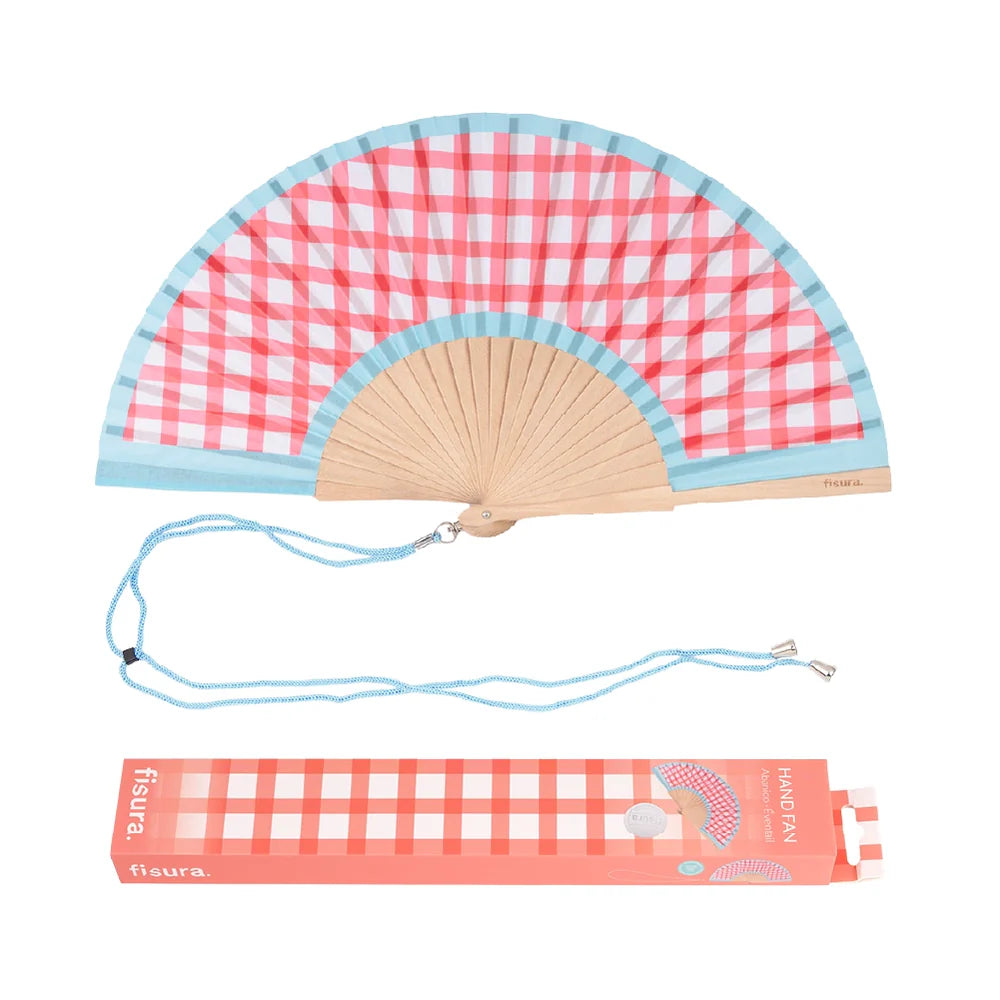 Abanico Cuadros Vichy Rosa Borde Azul Claro
