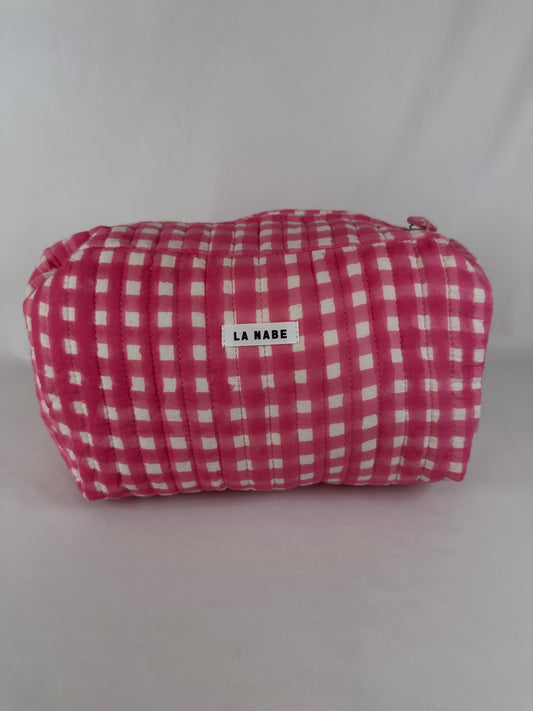 Neceser Cuadros Vichy Rosa Fucsia y Blanco Grande