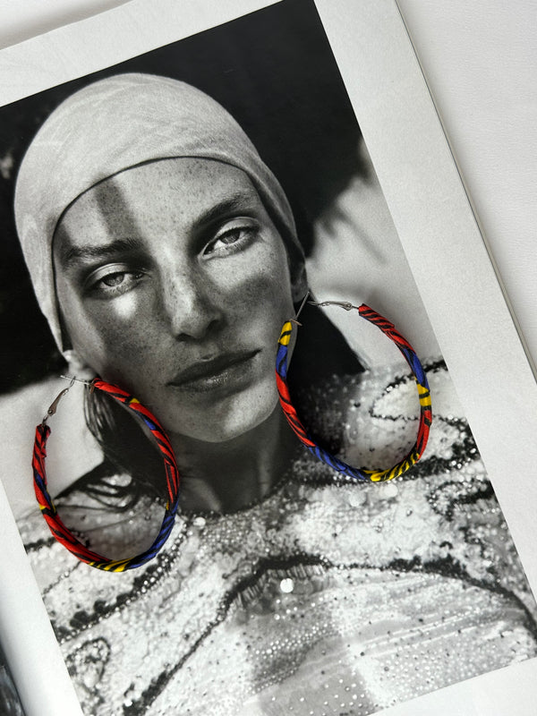 Pendientes Tela Wax Africana Ovalado Azul Granate y Mostaza