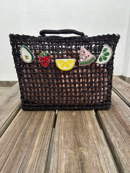 Bolso Capazo Cubo de Mano con Frutas de Predería L Natural Negro