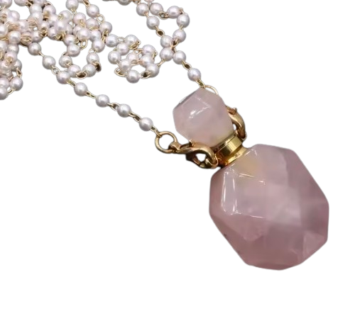 Collar Perfumero Cuarzo Rosa Cadena Perlitas