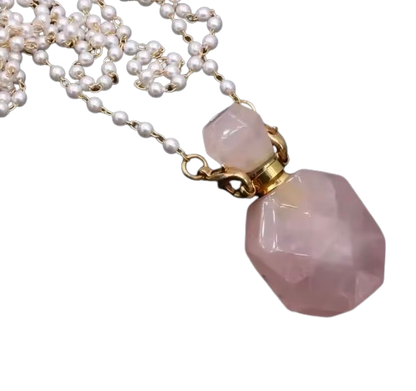 Collar Perfumero Cuarzo Rosa Cadena Perlitas