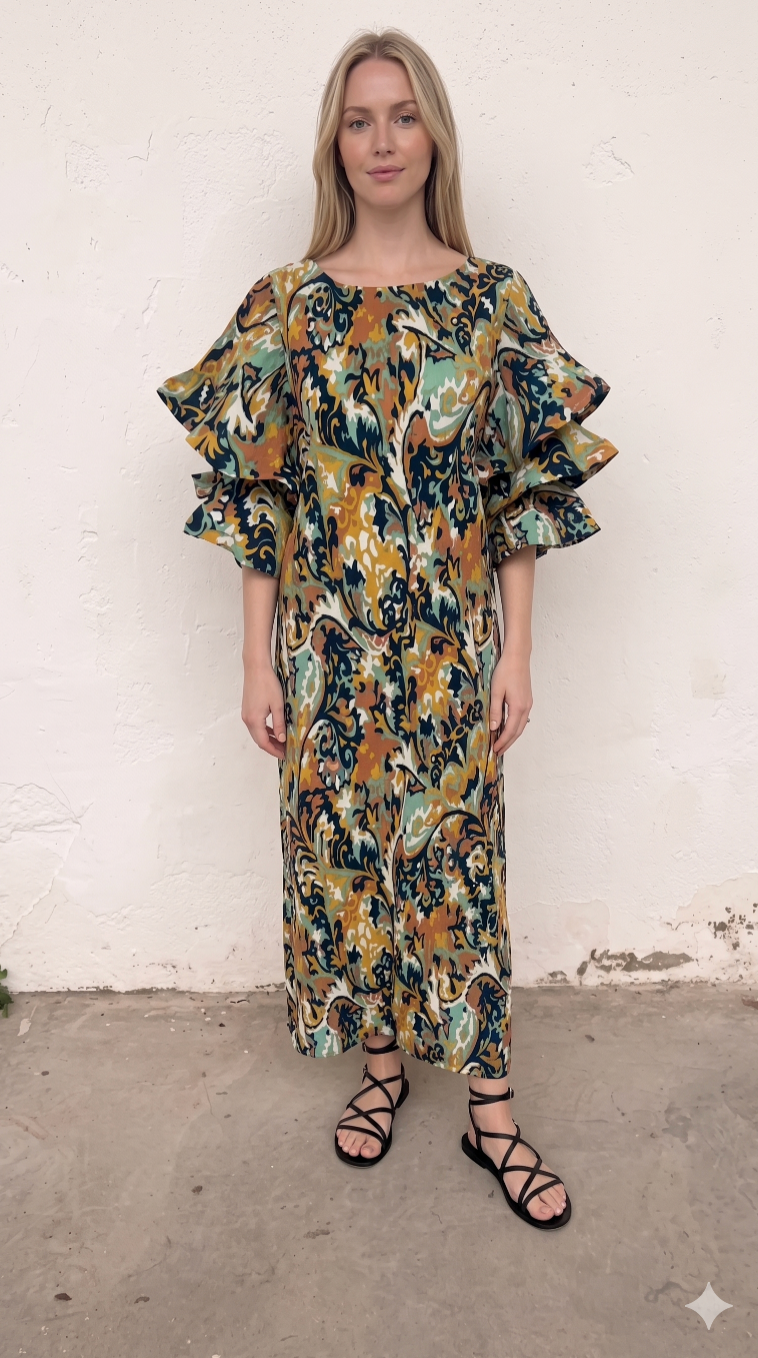 Vestido Plisado con Mangas En Volantes Azul