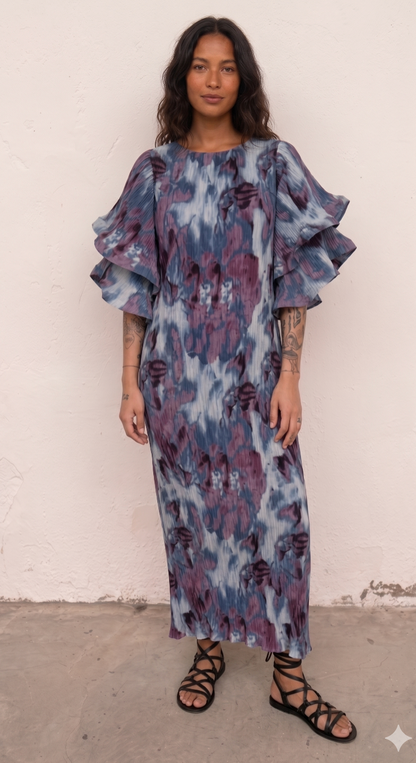 Vestido Plisado con Mangas En Volantes Azul