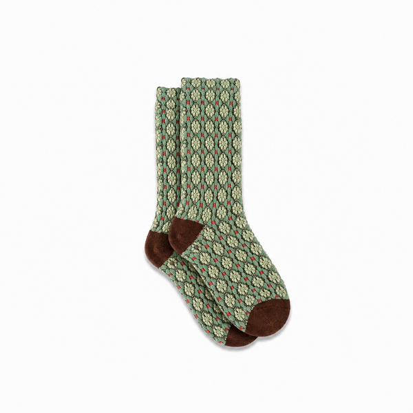 Calcetines Mujer Flores Fruncidas Bordadas Verdes Punto Rojo Puntera Marrón