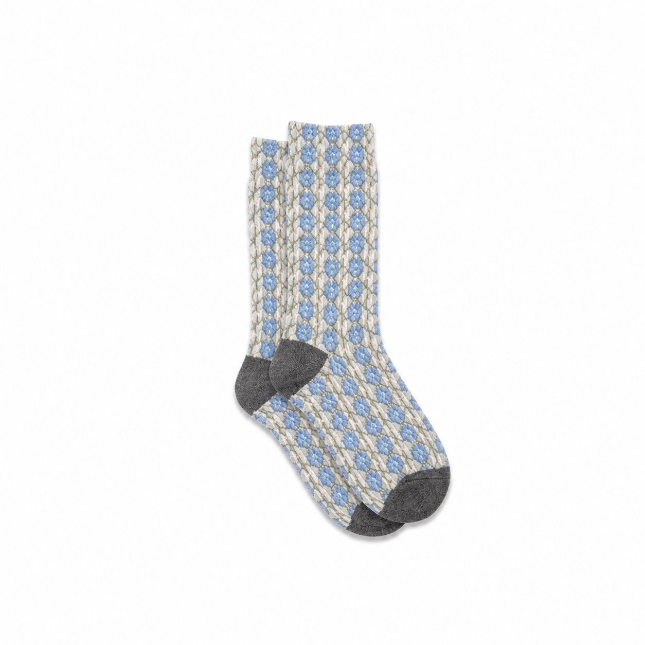 Women's Socks Blue Embroidered Ruffled Flowers White Background Gray Toe