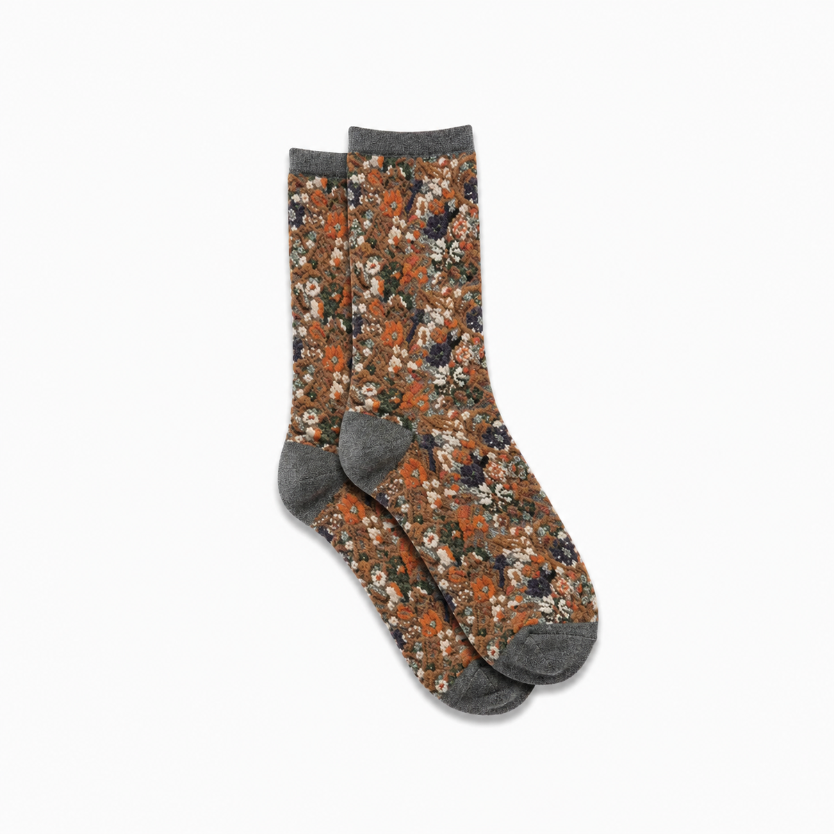 Calcetines Mujer Flores Fruncidas Bordadas Gris