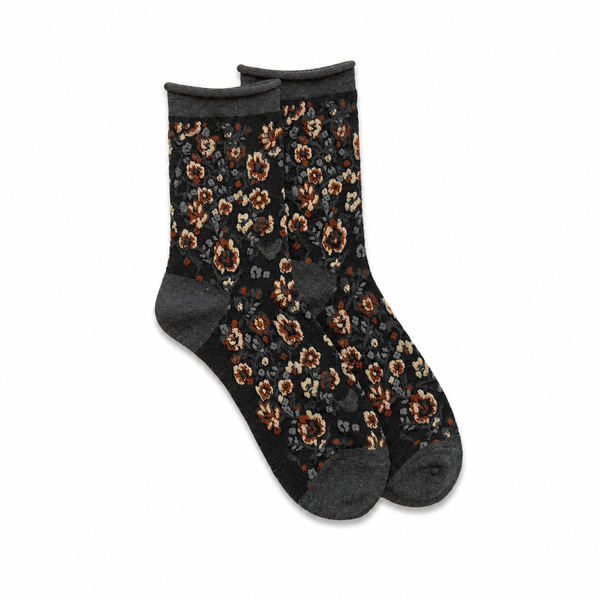 Calcetines Mujer Flores Fruncidas Bordadas Caña Baja Gris