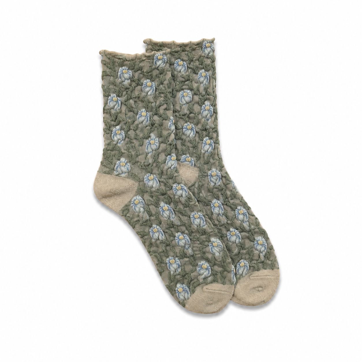 Women's Socks Ruffled Embroidered Flowers Gray Blue Flowers Green Stem