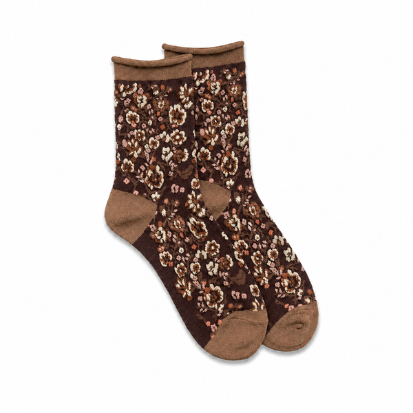 Calcetines Mujer Flores Fruncidas Bordadas Caña Baja Marrón