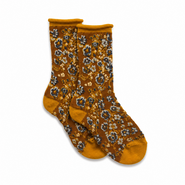 Calcetines Mujer Flores Fruncidas Bordadas Caña Baja Mostaza