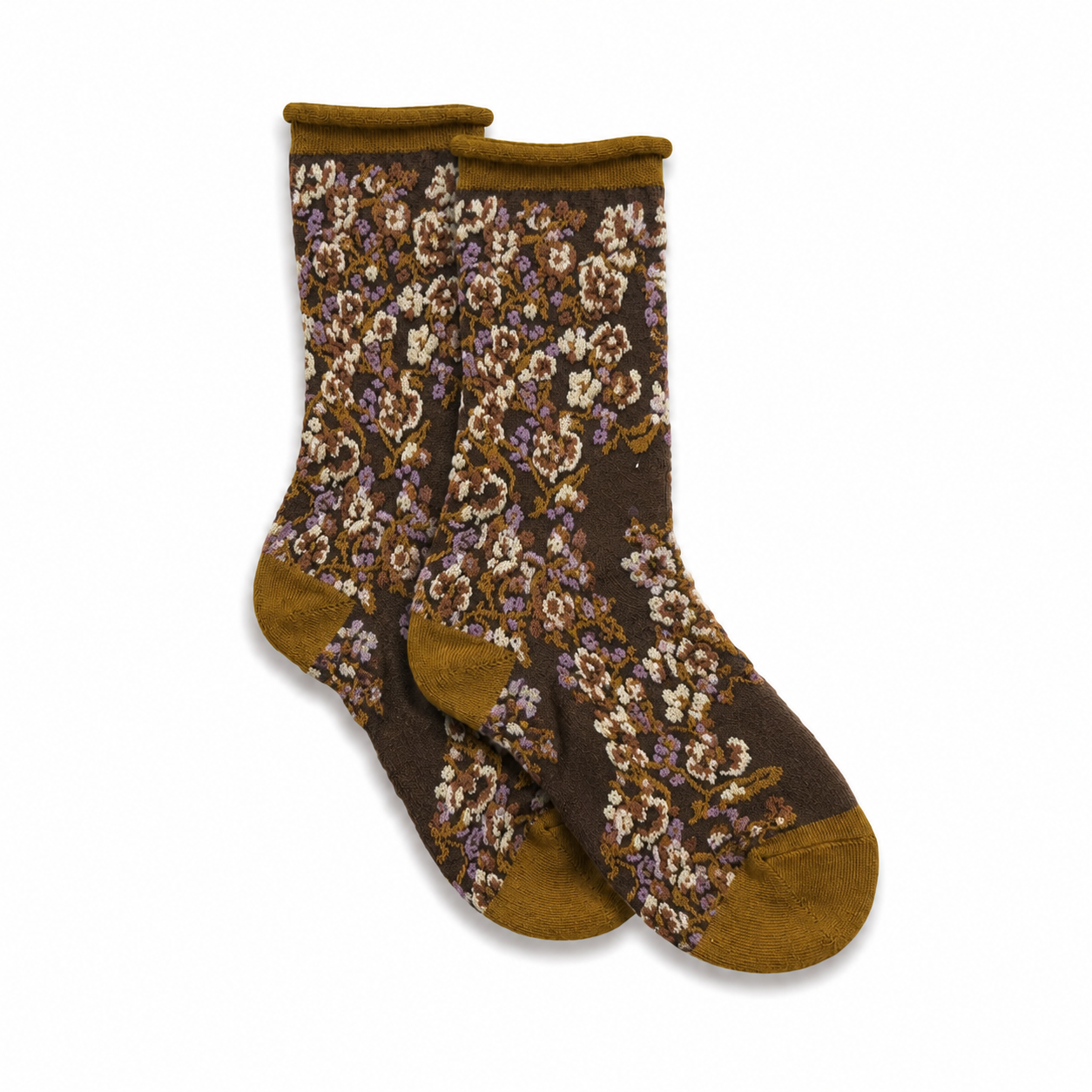 Calcetines Mujer Flores Fruncidas Bordadas Caña Baja Mostaza Oscuro