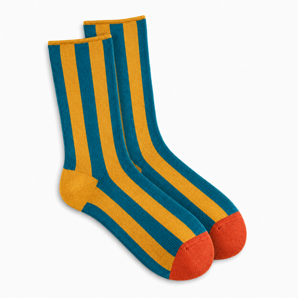 Calcetines Mujer Rayas Azul y Mostaza Puntera Naranja