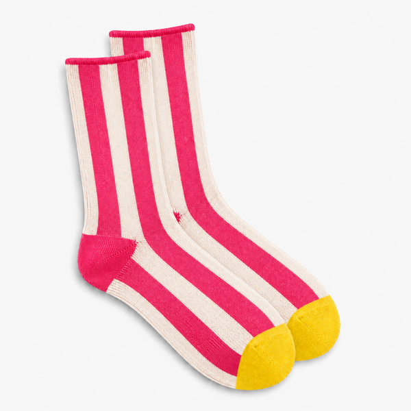 Calcetines Mujer Rayas Fucsia y Rosa Puntera Amarilla