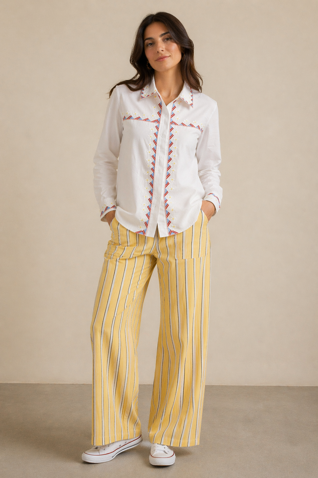 Pantalón Acampanado Rayas Amarillas Blancas