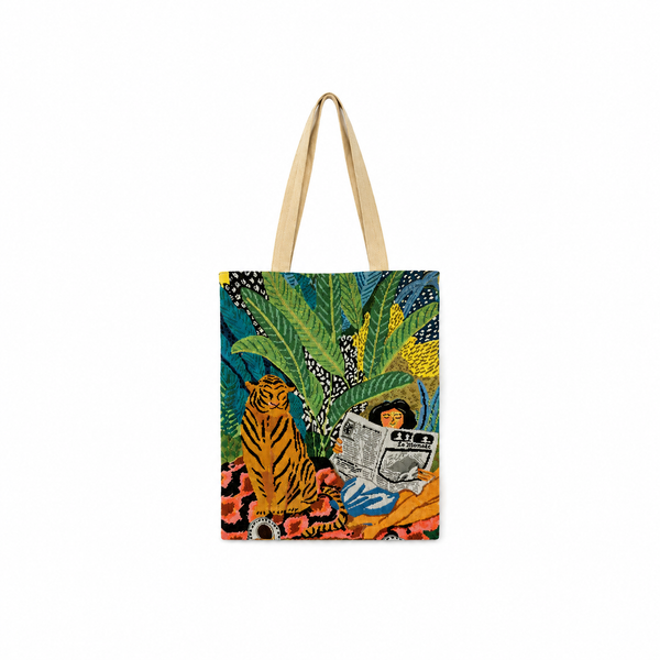 Bolsa Tote Estampado Tigres con Libros Fondo Verde