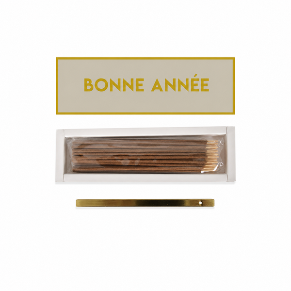 Caja Incienso Blanca Aroma Océanico Pachuli con Frase "Bonnee Année" + Soporte