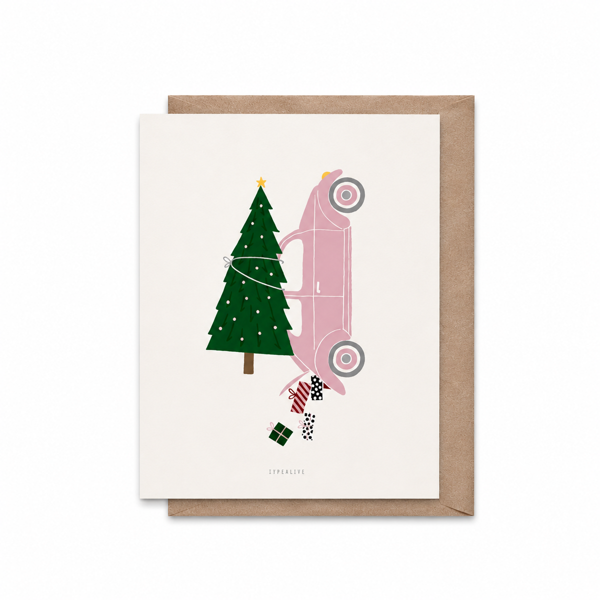 A6 Tarjeta o Postal con Sobre Navidad Christmas Coche con Árbol de Navidad