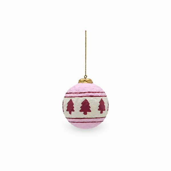 Adorno Bola Navidad Papel Algodón Maché Rosa y Blanco
