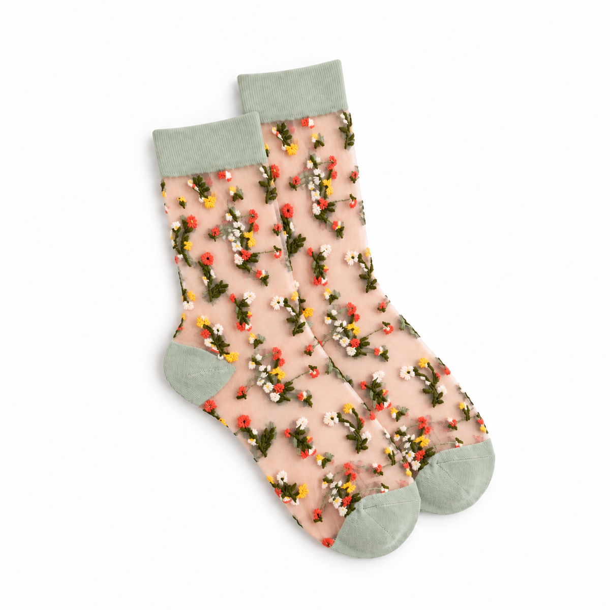 Calcetines Medias Transparentes Súper Elástica Flores Puntera Gris Claro