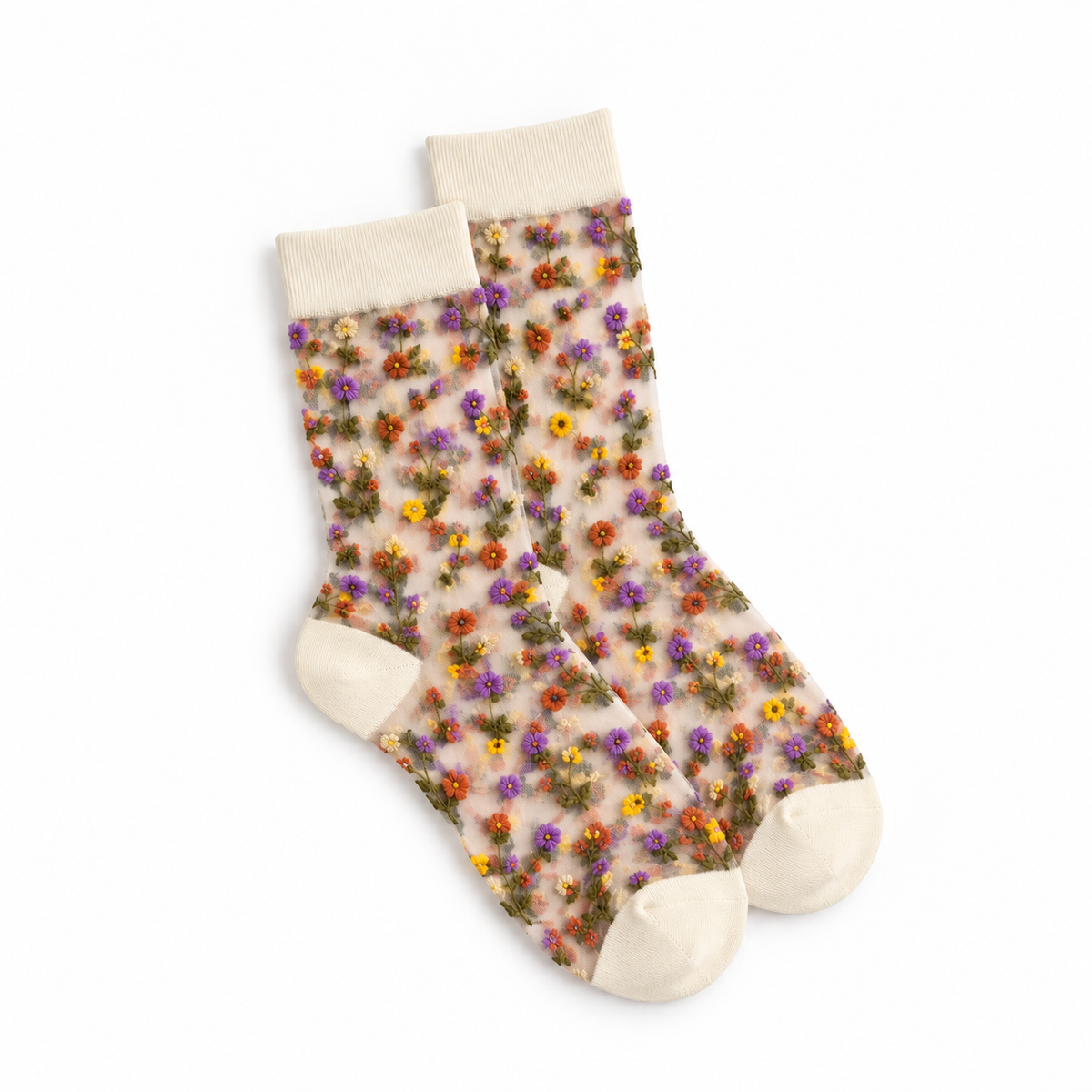 Calcetines Medias Transparentes Súper Elástica con Puntera Blanca con Flores