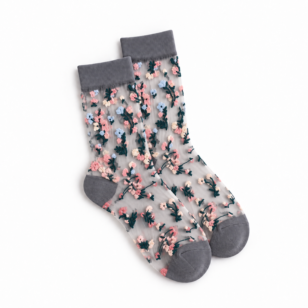 Calcetines Medias Transparentes Súper Elástica Gris con Flores