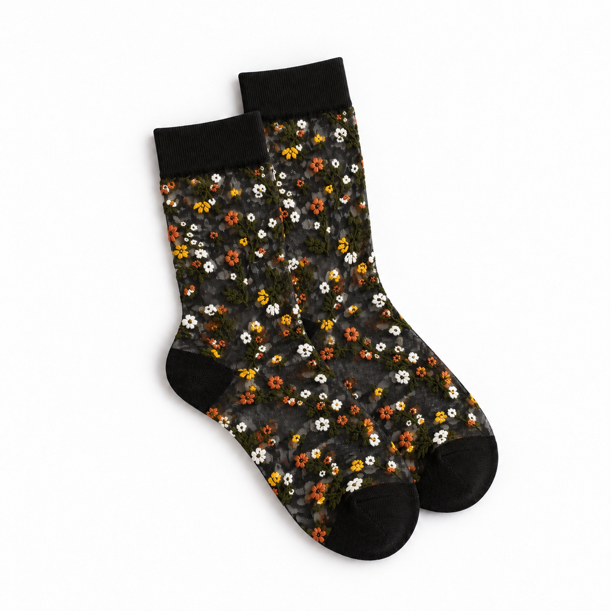 Calcetines Medias Transparentes Súper Elástica Negro Con Flores